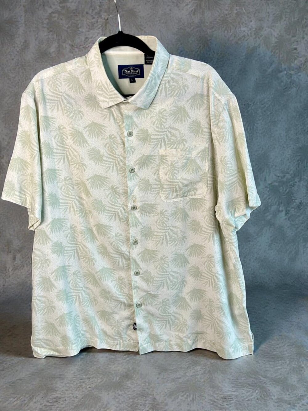 Nat Nast Men's Green Silk Cotton Blend Hawaiian Palm Fronds Short Sleeve Shirt
